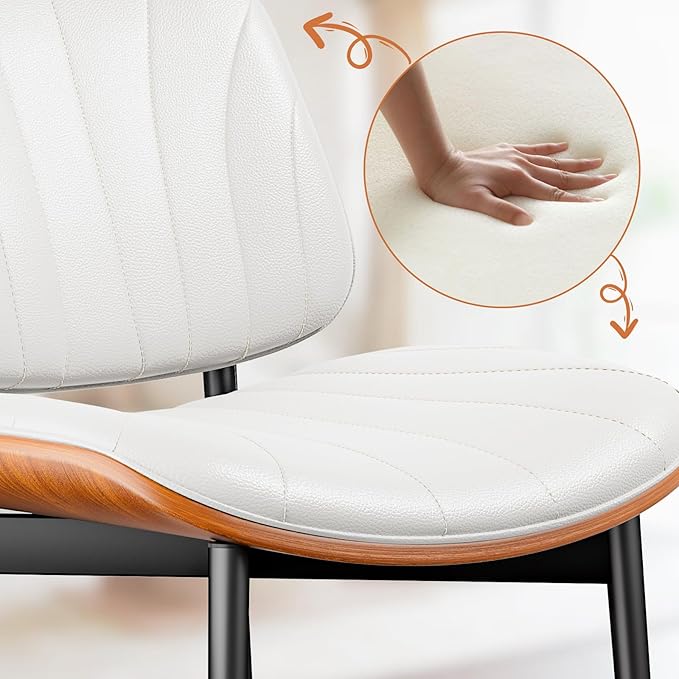 Dining Chairs Set of 4, Dining Room and Kitchen Chairs, FSC Certified Mid Century Modern Accent Chair, Upholstered PU Leather Chairs for Vanity with Walnut Bentwood and Metal Legs, White