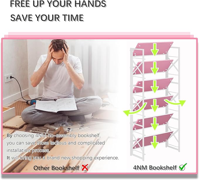 4NM 6 Tiers No Assembly Book Shelves, 61.8" H Folding Bookshelf Bookcase Open Industrial Foldable Shelves for Bedroom, Living Room, Home Office - Pink White