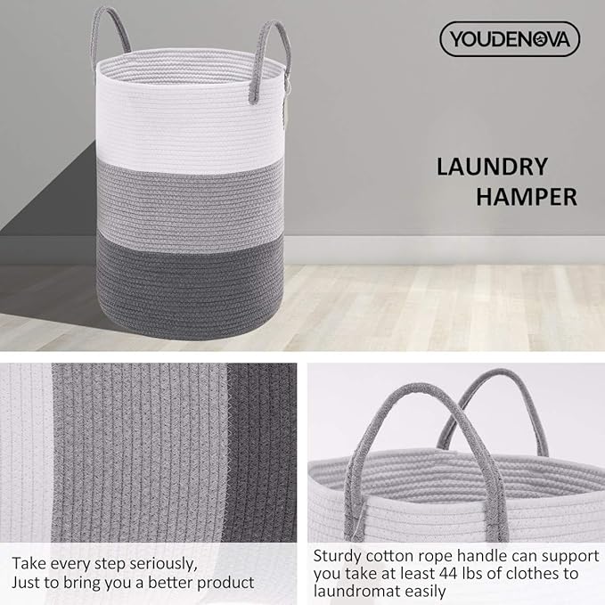 YOUDENOVA Woven Rope Laundry Hamper Basket, 58L Tall Luandry Basket, Baby Nursery Hamper for Blanket Storage, Clothes Hampers for Laundry in Bedroom