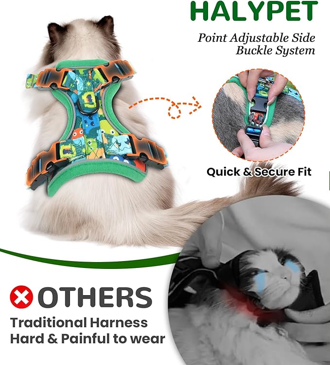 Halypet Cat Harness and Leash Set for Walking, Escape Proof Adjustable Vest Harness with 3-in-1 Integrated Buckles, Easy Control Soft Breathable Mesh with Reflective Strips for Cats, XS, Green Monster