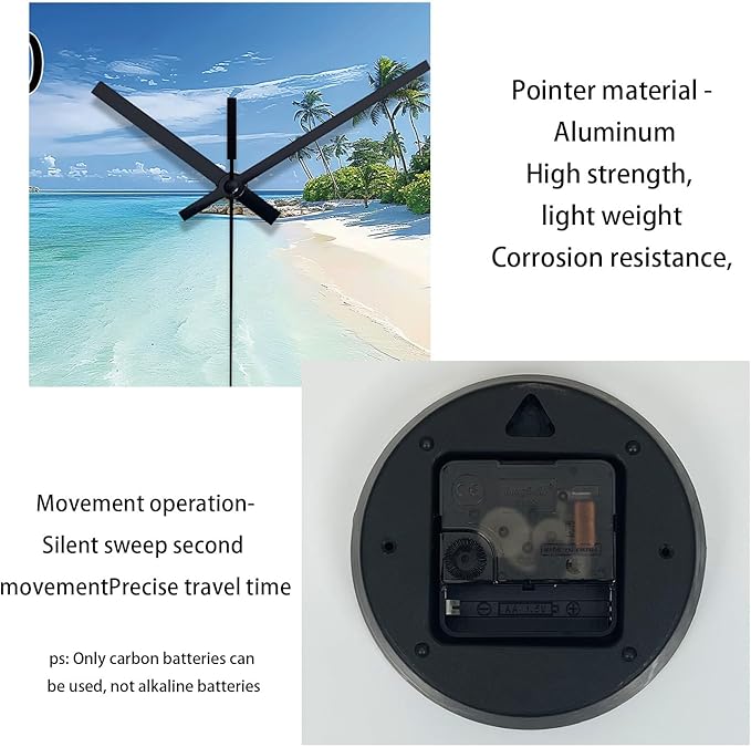 XFM Big Wall Clock Battery Operated Beach Coastal Wall Clocks 16 Inch Silent Non-Ticking Tropical Seascape Glass Wall Clock for Living Room Bedroom Kitchen Decor