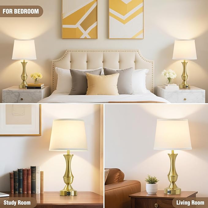 Luvkczc 22" Gold Table Lamps Set of 2 - Modern Luxury Bedside Lamps with White Fabric Shade, Dimmable & Dual USB C+A Ports, Nightstand Lamps for Bedroom/Living Room (Bulb Included)