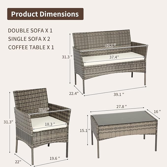 FDW Outdoor Patio Furniture Set Wicker Patio Set PE Rattan Furniture Bistro Set for Outdoor Indoor Use with Loveseats Coffee Table, Khaki Cushions, 4 Pieces
