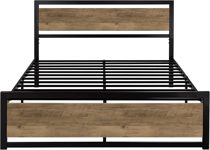 Allewie Queen Bed Frame with Headboard, Heavy Duty Metal Platform Base with Strong Support, Underneath Storage Space, Stable Mattress Foundation, No Box Spring Needed, Brown