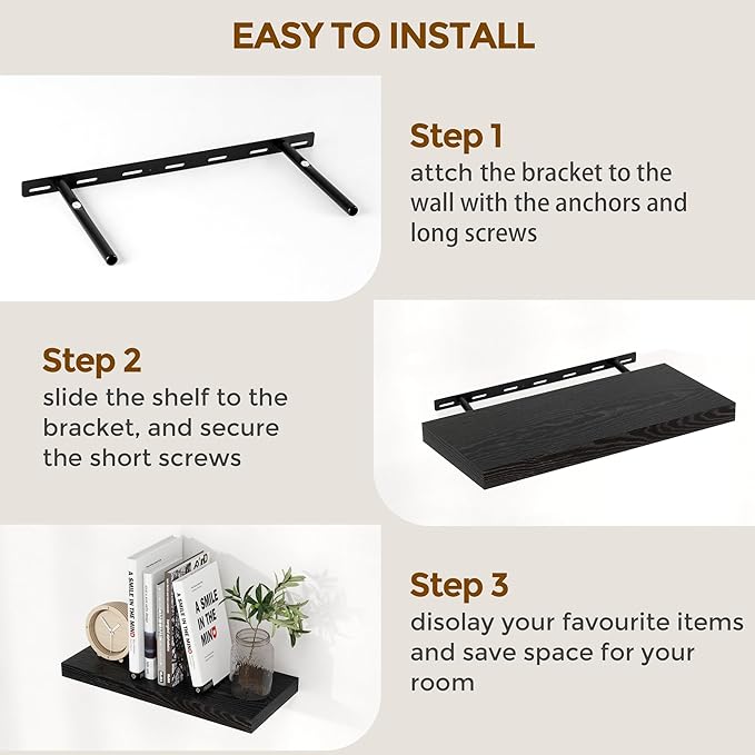 Fun Memories Floating Shelves for Wall, 48 x 9.3 Large Floating Shelf Wall Mounted Set of 2, Rustic Wood Shelves for Bathroom, Kitchen, Living, Heavy-Duty Storage Deep Shelf for Books, Decor, Black