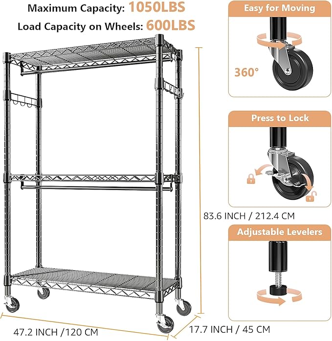 Heavy Duty Rolling Garment Rack 3 Tiers Adjustable Wire Shelving Clothes Rack with 2 Rods and Side Hooks, Storage Closet Clothing Rack with Wheels Black 17.7" D x 47.2" W x 83.6" H