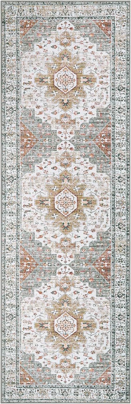 Moynesa Ultra-Thin Washable Runner - 2'6" x 8' Hallway Rug, Kitchen & Bathroom Carpet, Vintage Printed Low Pile Entryway Runner for Apartment, Camper, RV, Beige/Gold
