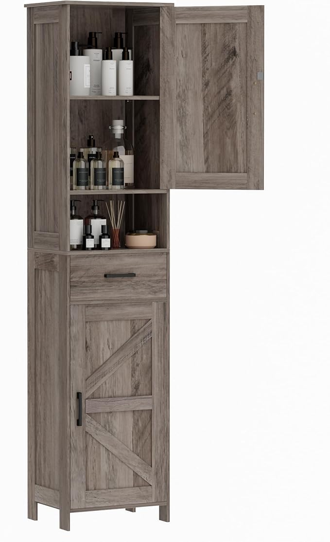Homhedy 67" H Tall Bathroom Storage Cabinet with 2 Barn Doors and 1 Drawer, Narrow Storage Unit, Adjustable Shelves, Floor Cabinet for Bathroom, Living Room, Entryway, Kitchen, Greige, (15.7" W)