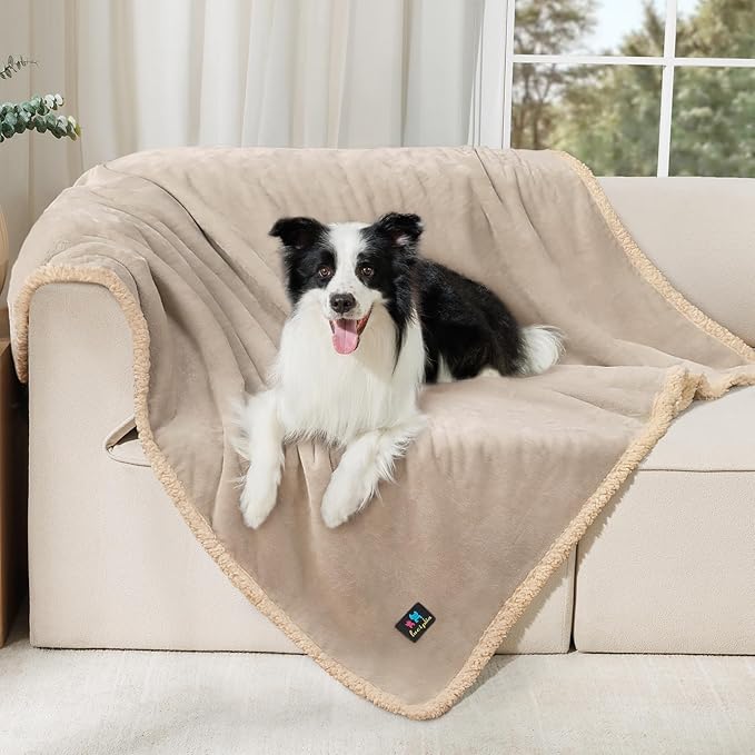 Waterproof Pet Blanket, Liquid Pee Proof Dog Blanket for Sofa Bed Couch, Reversible Sherpa Fleece Furniture Protector Cover for Small Medium Large Dogs Cats, Grey Beige Large(65" x 57")
