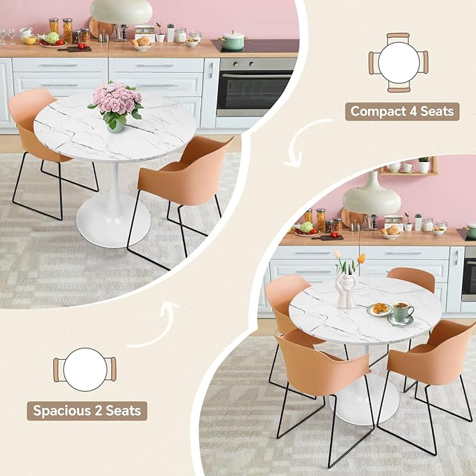 Small Space 31.5 Inch White Faux Marble Round Tulip Dining Table - Mid Century Pedestal Base Kitchen Table for 2-4 People - Easy Assembly & Easy to Clean