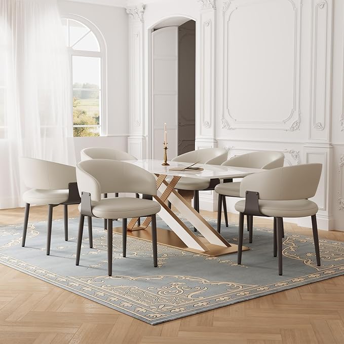 Modern Dining Chairs Set of 2, Faux Leather Upholstered Kitchen Chairs with Curved Back and Metal Legs, Mid Century Chairs for Dining Room, Kitchen, or Café (Light Gray)