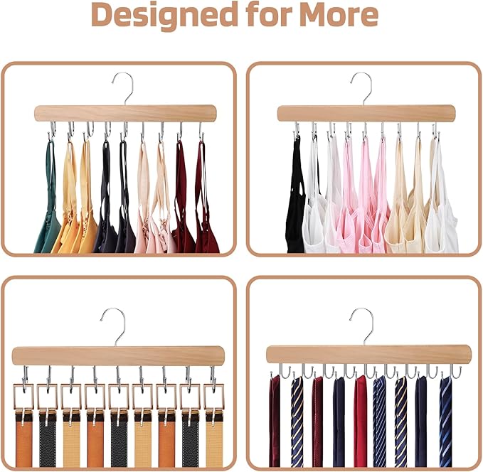 2 Pack Bra Hanger for Closet Organizer, Premium Wooden Tank Top Hangers with 36 Foldable Hooks, 360° Rotating Design, Space Saving Storage for Tank Tops, Bras, Scarves and More