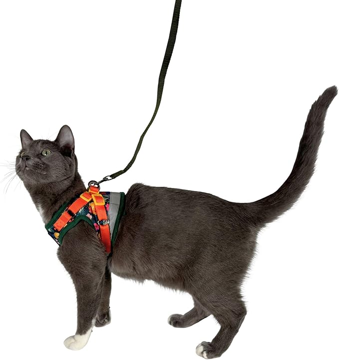 Travel Cat Harness and Leash Set - Adjustable Fit Mesh Cat Harness and Reflective Strap - Comfort Walking Vest for Kitten for Outdoor Walking, Hiking (Large, Hawaiian)