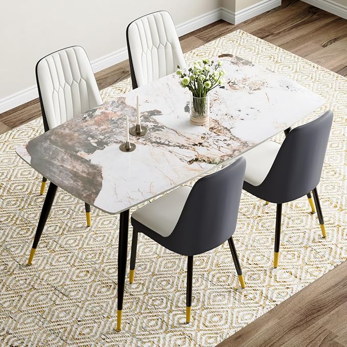 Modern Dining Table Set for 4, 62'' Sintered Stone Table, 4 Chairs, Easy to Assemble