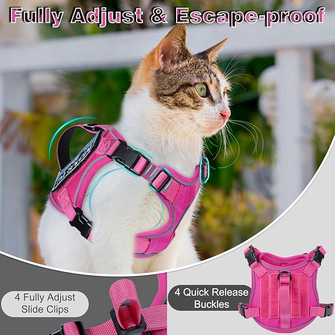 Tactical Cat Harness for Walking, Adjustable Escape Proof Pet Vest for Large Cat,Easy Control Breathable Cat Vest with Handle,Molle Patches (Pink+Leash, L)