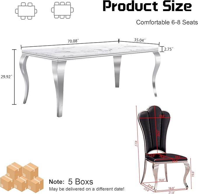 Dining Table Set for 6, 7-Piece Kitchen Table Chairs Set, Modern Dining Room Set with 70'' Marble Dinner Table and 6 Petaloid Backrest Upholstered Chairs for Kitchen, Black & Silver