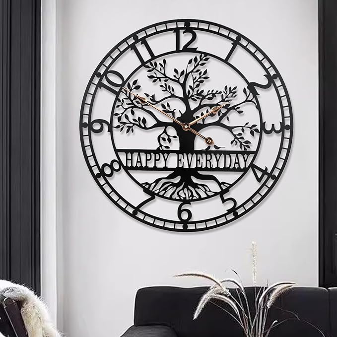Tree of Life Wall Clock,Metal Black Large Wall Clock, 24inch Oversized Wall Clock for Living Room Bedroom Home Decor,Silent Mid-Century Clock,Modern Family Tree Clock