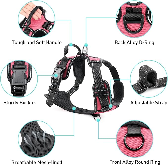 Joytale No Pull Dog Harness for Large Dogs, Reflective Pet Vest with Front Clip, Adjustable Soft Padded Harnesses with Easy Control Handle for Training and Walking, Pink, L
