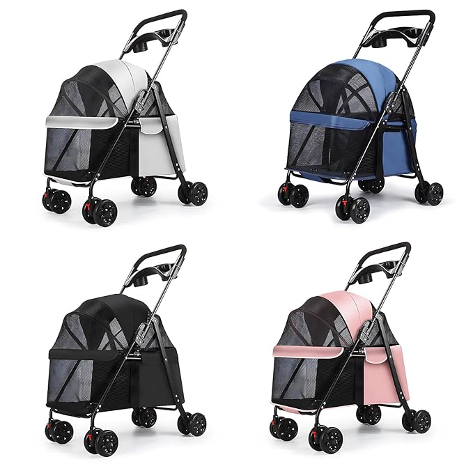 Pet Stroller, Dog Stroller for Small and Medium Dogs Cats with 360° Wheels, Folding Puppy Strollers with Dual Brake, Large Storage Basket, Breathable Mesh, Cup Holder, Removable Top (Navy Blue)