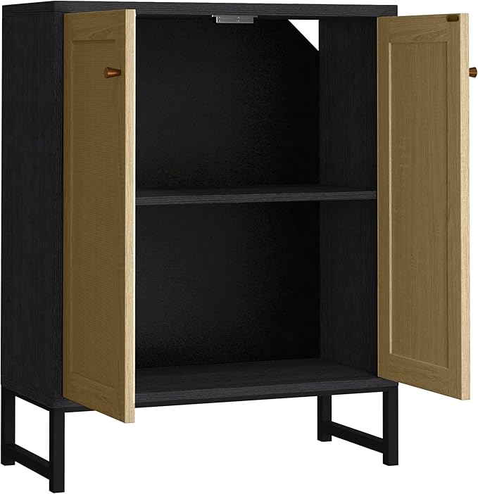 Panana Rattan Decorated 2 Doors Storage Cabinet Accent Cabinet Living Room Cupboard Kitchen Sideboard Buffet Table (Black)