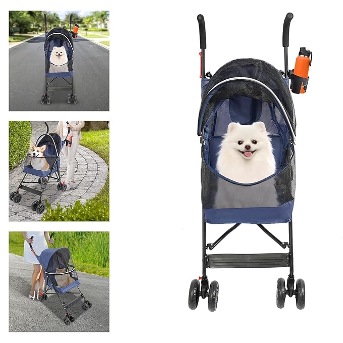 Pet Travel Stroller 22 * 18 * 38in, Pet Stroller Made of Oxford Cloth, Spray Molding Foldable, Small Dog Strollers Cat Cage Jogger Travel Carrier Breathable and Visible 22 Lbs Capacity(Blue)