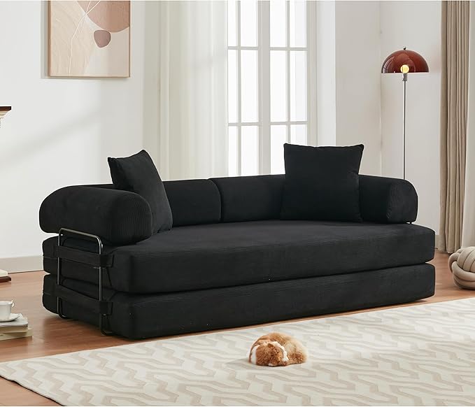 Convertible Sleeper Sofa Bed with Cylindrical Pillow, Corduroy Folding Mattress Couch with Fixed-Shape Frame, Floor Sofa Lounge Couch for Living Room Bedroom Lounge Studio-Black
