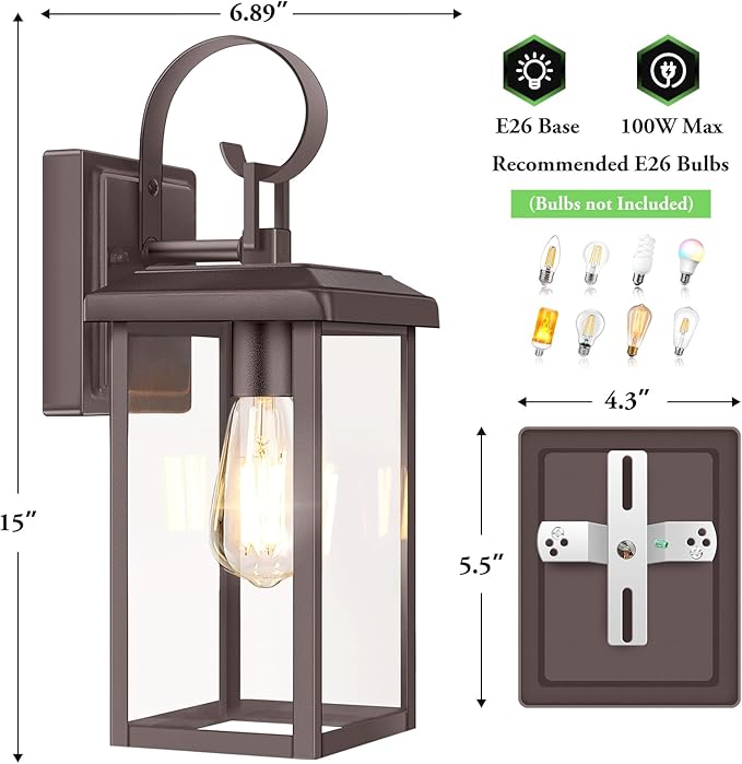 BesLowe 2-Pack Outdoor Wall Light Fixtures, 15" Exterior Lighting Fixtures Wall Mount, Waterproof Porch Lights Outdoor Wall Sconces Lanterns, Modern Outside Lights for House Front Door Garage, Brown