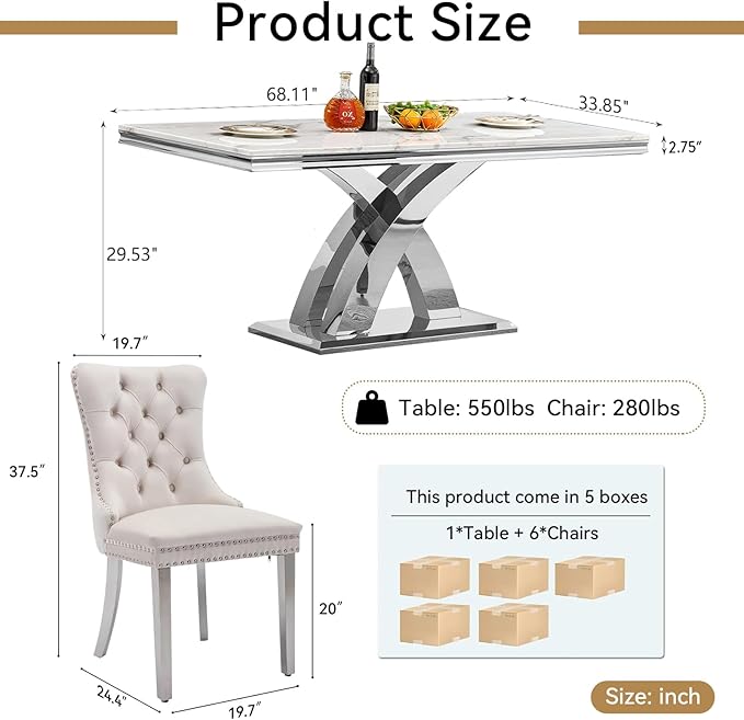 Modern White Marble Dining Table Set for 6,7-Piece Kitchen Table and Chairs for 6,Luxury Silver Dining Room Table Set w/68" Rectangle Dinner Table & 6 Beige Velvet Chairs for Kitchen Dining Room