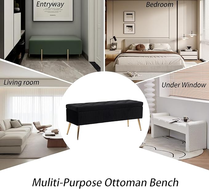 Velvet Storage Bench for Bedroom, Rectangle Upholstered End of Bed Bench Modern Tufted Ottoman with Gold Legs for Living Room/Window/Entryway (Black-45.5" W)