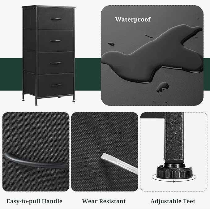 Nightstand, 4 Drawer Dresser End Table Bedside Furniture with Wooden Top Steel Frame Fabric Bins for Bedroom, Closet, Entryway, Dorm, Living Room, Black