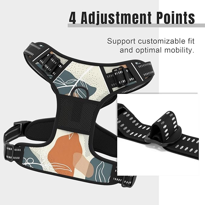 Rnivvi No Pull Dog Harness, Cute Boho Reflective Large Sized Puppy Harness, Adjustable Soft Padded Vest for Large Dogs, Heavy Duty Pet Vest with Easy Control Handle for Walking Training, Leaves