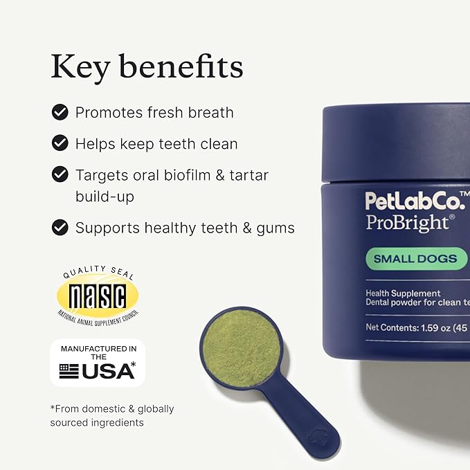 PetLab Co. ProBright Dental Powder - Dog Breath Freshener - Teeth Cleaning Made Easy – Targets Tartar & Bad Breath - Formulated for Small Dogs - Packaging May Vary