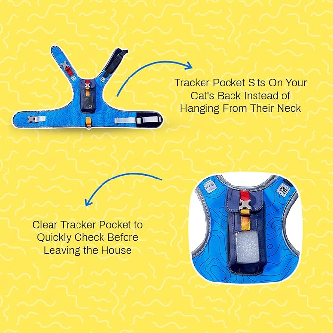 TRAVEL CAT The Pathfinder Cat Harness with GPS Tracker Pocket - Powered by Tractive Cat Harness Escape Proof - Walking Escape Proof Cat Harness for Small, Large, Kitten (Blue, Medium)