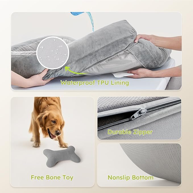 Dog Beds for Large Dogs, Orthopedic Dog Bed with Cooling Gel Memory Foam, Waterproof Large Pet Bed with Removable Washable Cover, 36" Pet Sofa Couch Dutch Velvet with Bone Toy, Light Gray