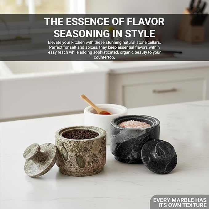 natural Marble Salt Cellar With Lid - Stone Salt Container And Stone Salt Holder, Spice Jars for Counter, Candy Jar & Spice Jar, Oceanic