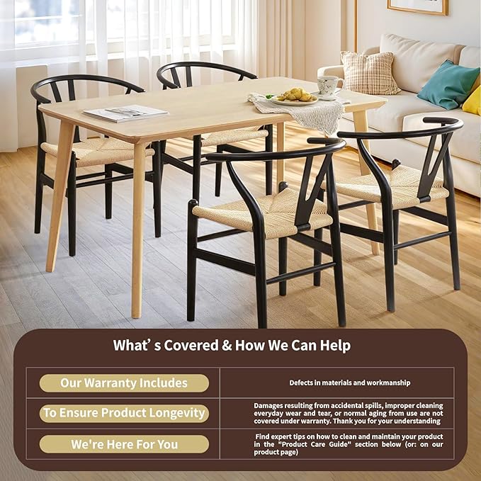 Tomile Wishbone Chair Y Chair, Wooden Dining Chairs Set of 2, Mid Century Modern Chairs with Arms, Solid Wood Weave Seat Kitchen & Dining Room Chairs (Ash Wood-Black Frame + Natural Cord)