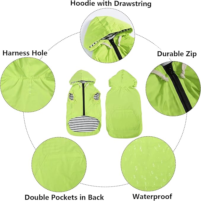 Dog Raincoat rain Jacket Dogs Waterproof fit for Small Medium Breeds Zipper Closure Pocket Storage in Cold Day - Light Green - M