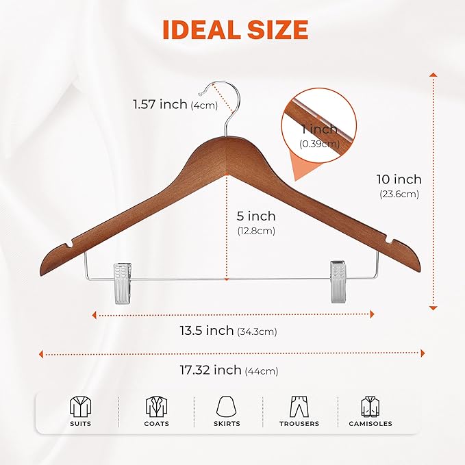 HOUSE DAY Wooden Hangers with Clips 12 Pack, Heavy Duty Walnut Wood Pants Hanger, Premium Skirt Hanger with Adjustable Clips, Solid Clip Hangers for Suit, Blouse, Dress, Coat, Jacket, Bottom