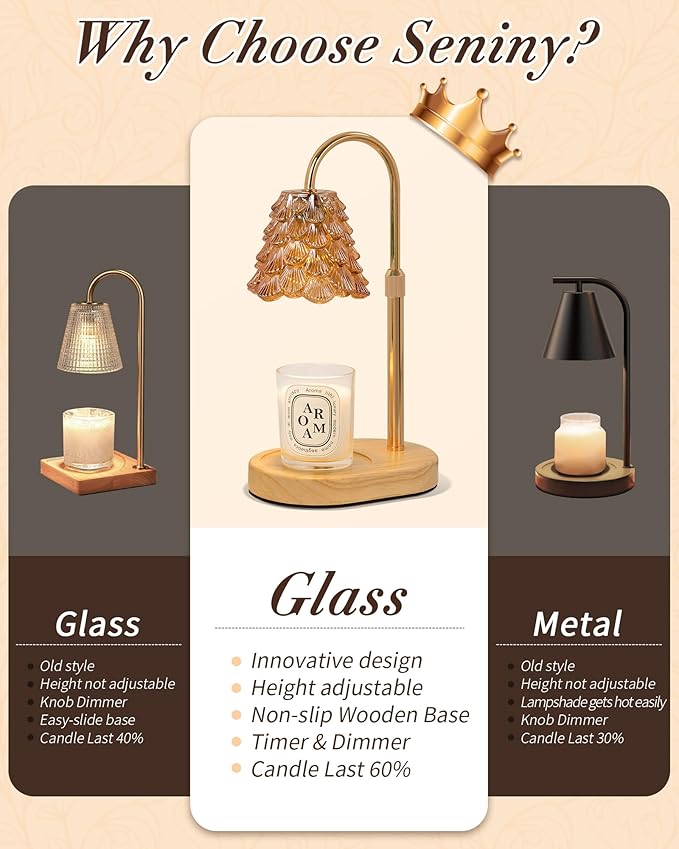 Seniny Electric Candle Warmer Lamp - with Time Dimmable Adjustable Height Candle Lamp Warmer for Jar Candles,Christmas Wax Melt Wamer, Birthday Gifts for Women Mom, House Warming Gifts New Home Decor