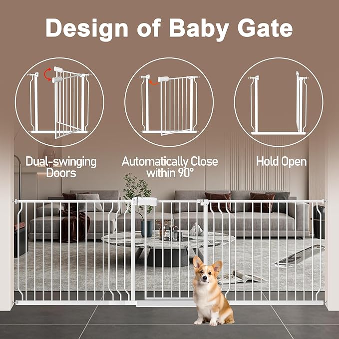 WAOWAO Baby Gate 85.83-95.25" Extra Wide Pressure Mounted Walk Through Swing Auto Close Safety White Metal Toddler Kids Child Dog Pet Puppy for Stairs,Doorways,Kitchen