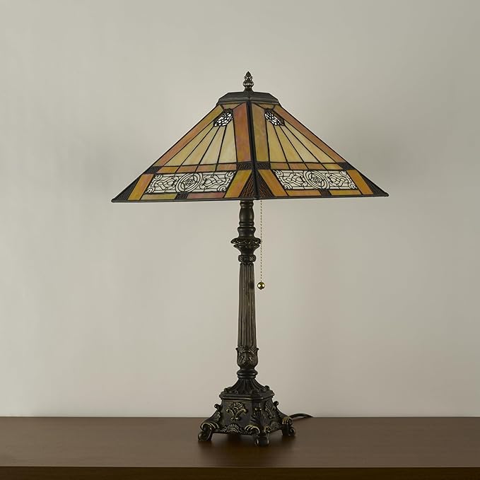 Tiffany Table Lamps Yellow Stained Glass Striped Checkered Style Mission Desk Lamp 12X12X24 Inch Bronze Resin Base