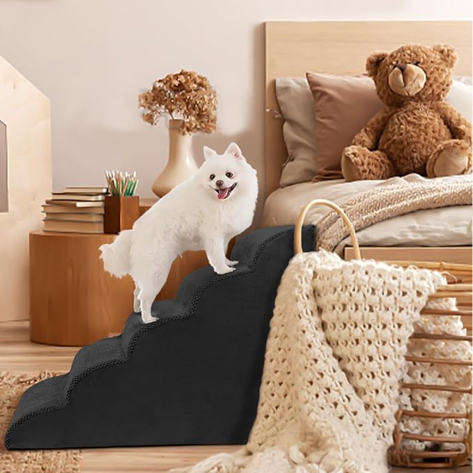 5 Steps Dog Stairs for Bed, 24" Dog Steps for High Bed, High Density Pet Steps for Small Dogs, Extra Wide Non-Slip Dogs Ramp for Injured, Older Pets, Small Cats, Black