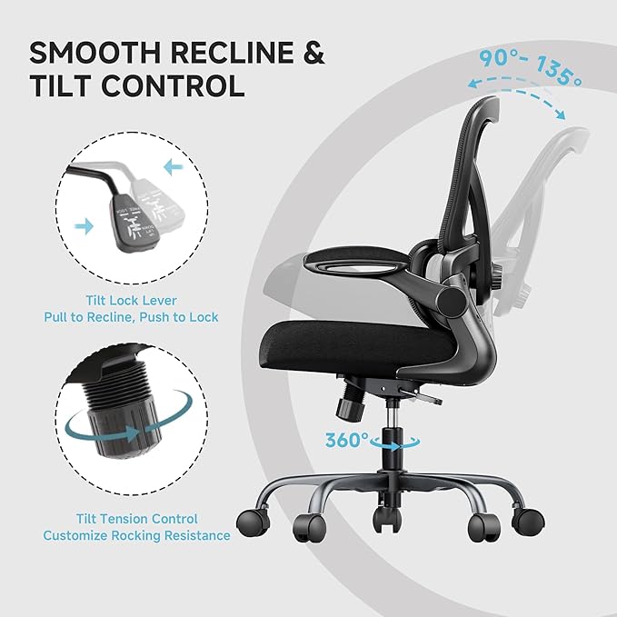 Office Chair with Adjustable Lumbar Support, Home Office Desk Chair with Flip-up Armrests, 330 lbs Mesh Computer Chair for Long Day Use, Black