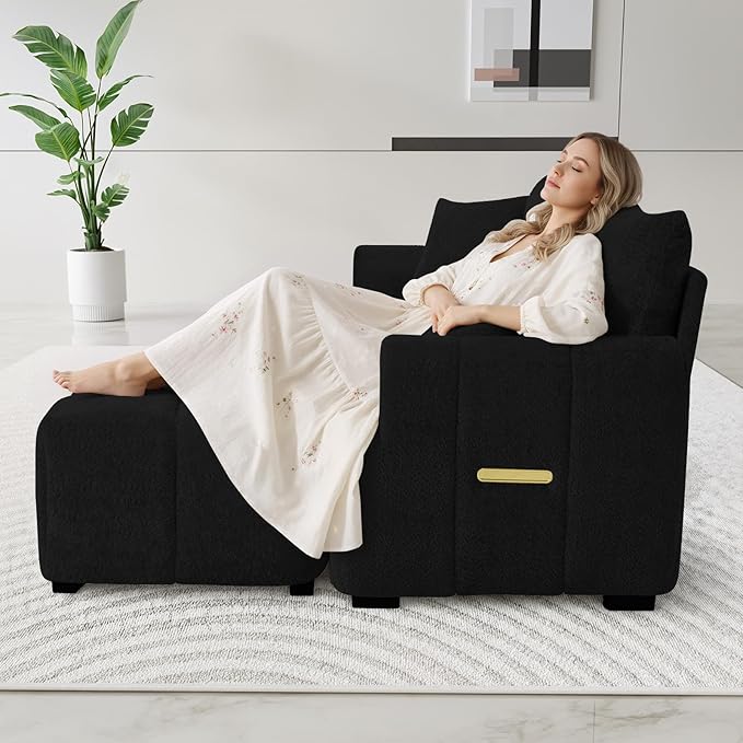 110" L Shaped Modern Boucle Sofa Modular Sectional Cloud Couch with Ottoman, Tufted 4-Seat Deep Seat Sofa with Pillows for Living Room, Bedroom and Apartment, Black