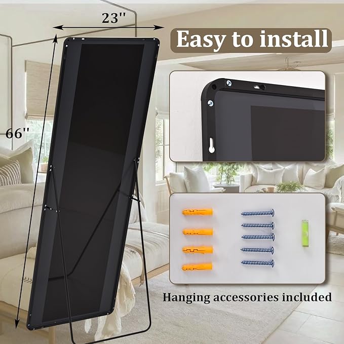 VooBang Round Corner Mirror Full Length, 66" x 23" Floor Mirror with Stand, Matte Aluminum Alloy Frame Full Body Mirror, Standing Hanging or Leaning for Bedroom and Living Room, Black