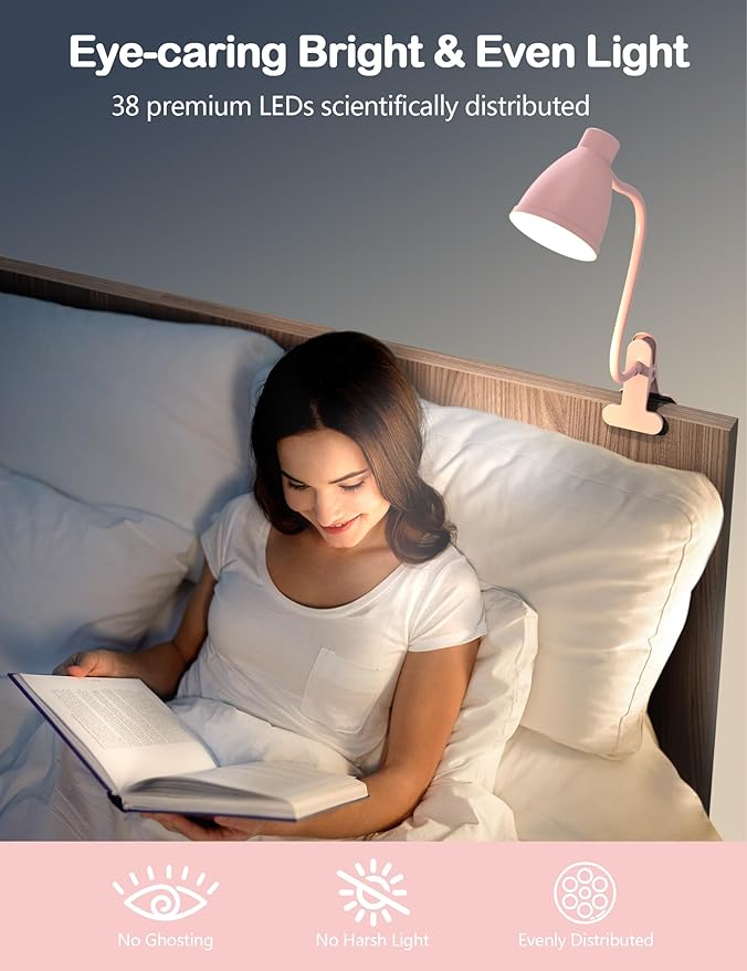 BOHON Cute Desk Lamp with Clamp 10W 38 LED Clip on Light, 5 Color 10 Brightness Auto Off Timer Flexible Gooseneck Pink Lamp Kawaii Accessories Desk Lights for Office Home Bed Bedside Reading, Pink