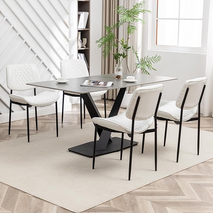 Modern Dining Chairs Set of 4, Leather Dining Chair with Metal Legs, Upholstered Dining Room Chairs for Dining Room, Kitchen, Vanity (White)