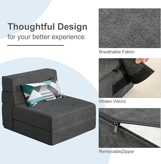 ANONER Fold Out Chair Bed Memory Foam with Pillow Futon Couch Folding Sleeper Chairs, Convertible Chair Bed Dark Gray, Single Size