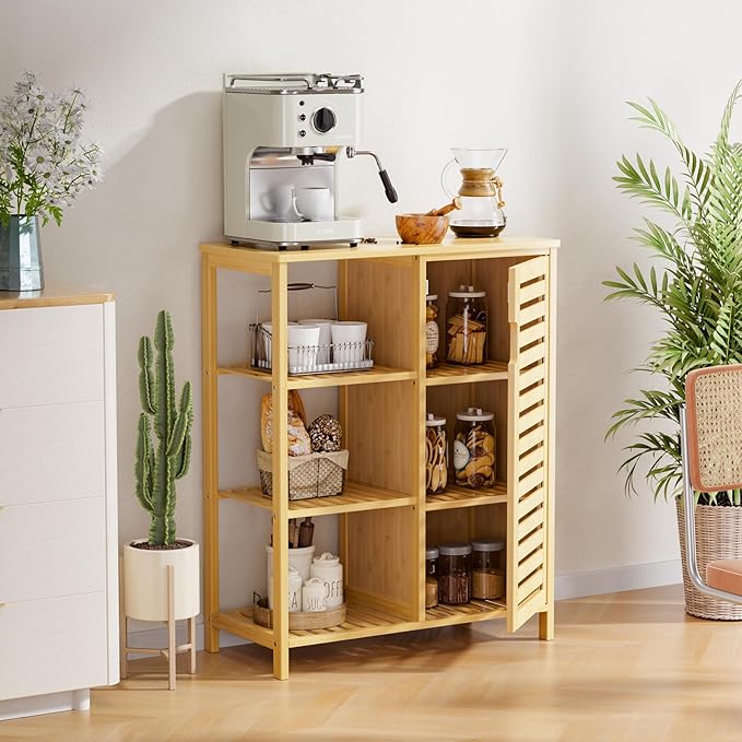 HITNET Bathroom Floor Cabinet, Bamboo Storage Cabinet with Door and 3 Open Shelves, Freestanding Side Kitchen Cupboard Organizer, Natural