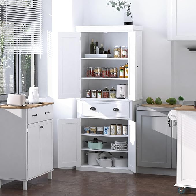 HOMCOM 72.5" Kitchen Pantry Cabinet, Traditional Freestanding Storage Cabinet with 4 Doors, Drawer and 3 Adjustable Shelves for Dining Room, White